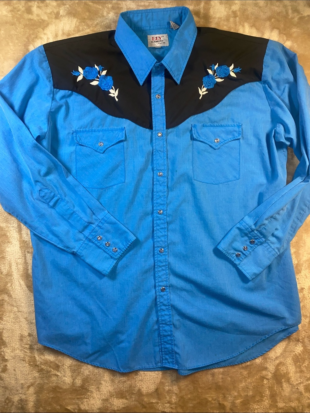 Ely Diamond Western-Style Blue Embroidered Men's Shirt with Pearl snap buttons